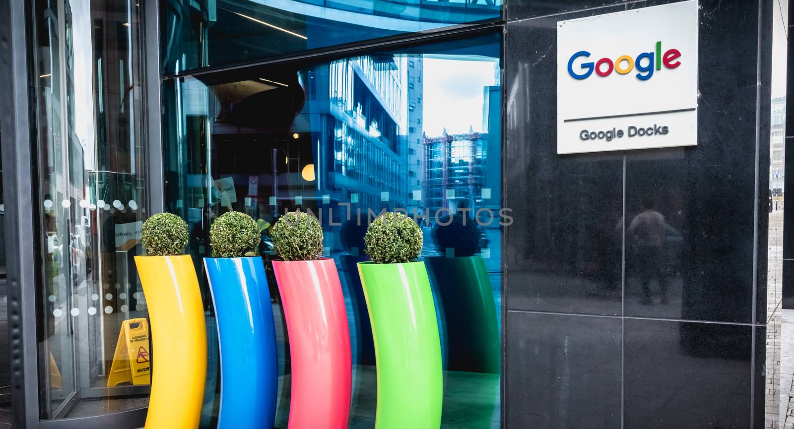 Dublin, Ireland - February 12, 2019: Architectural detail of the Irish headquarters building of the multinational Google on a winter day