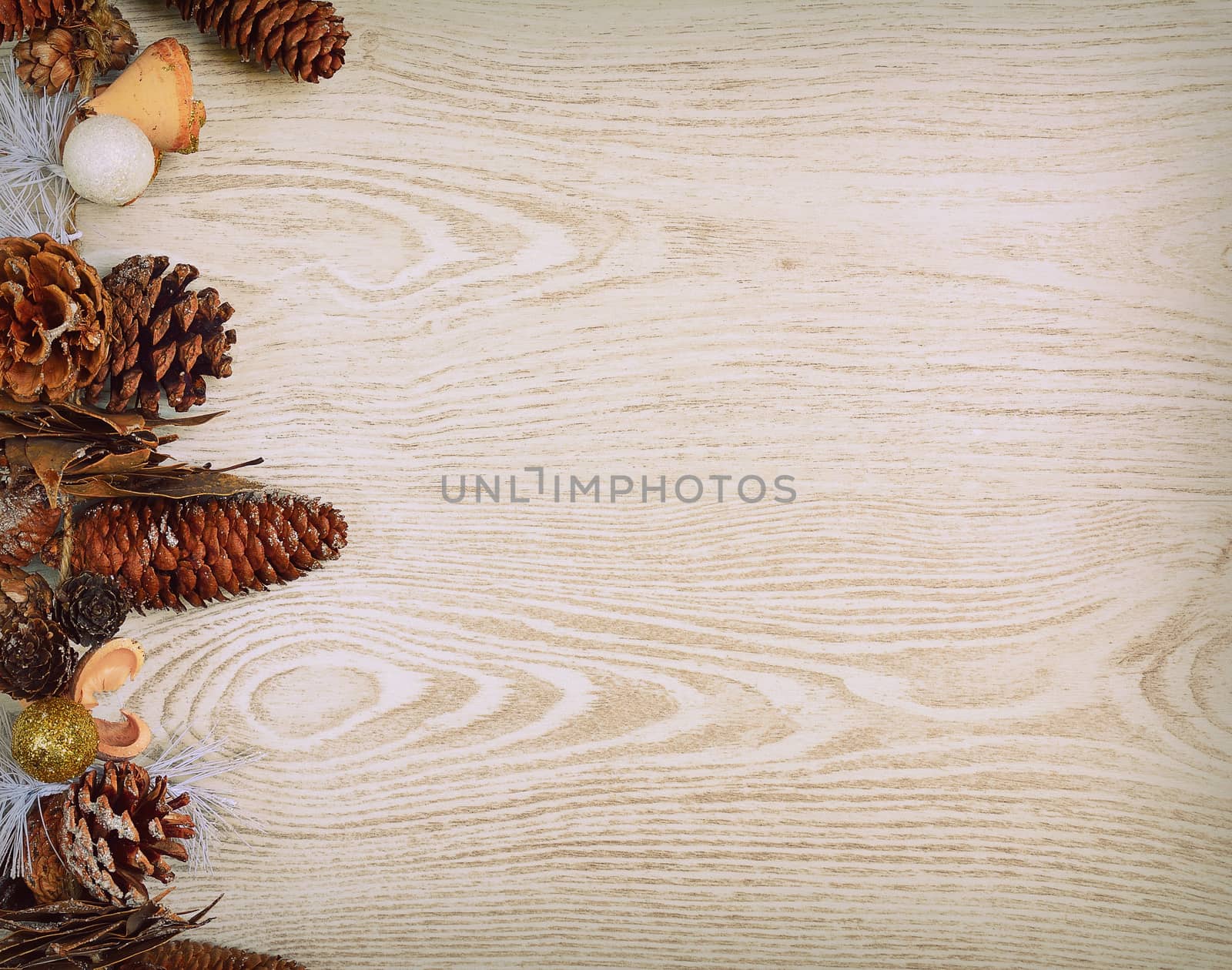 Christmas tree decoration on the left edge.Copy space.