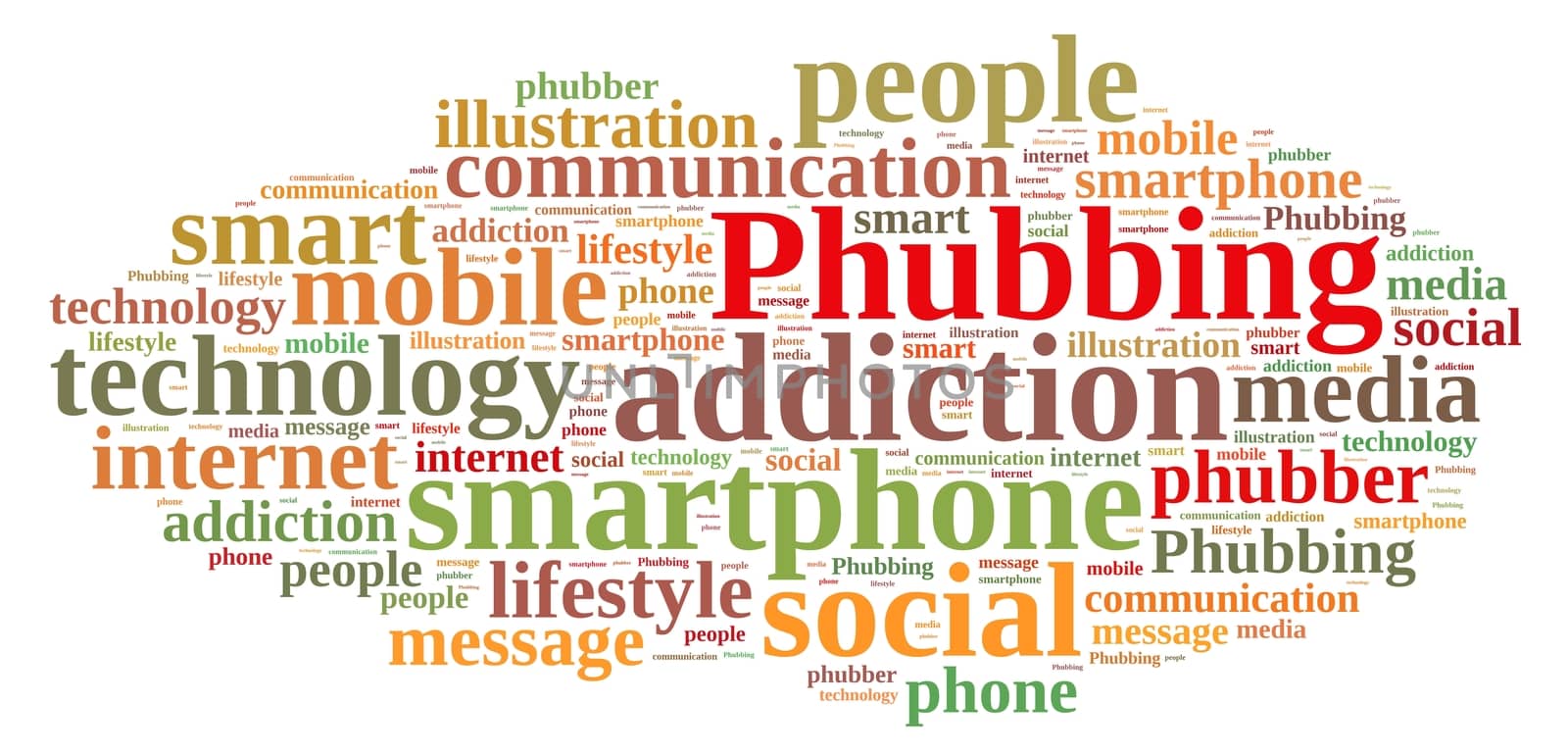 Illustration with word cloud on phubbing, the addiction to mobile