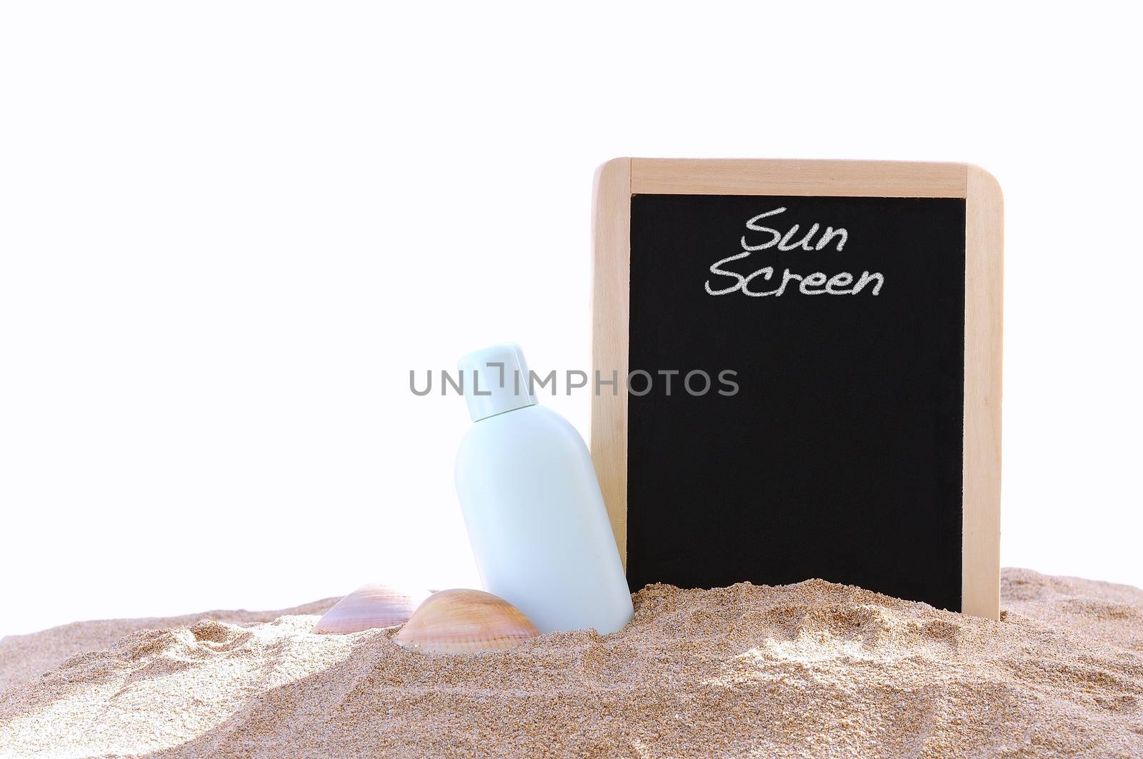 Jar of sunscreen on the beach sand and blackboard.
