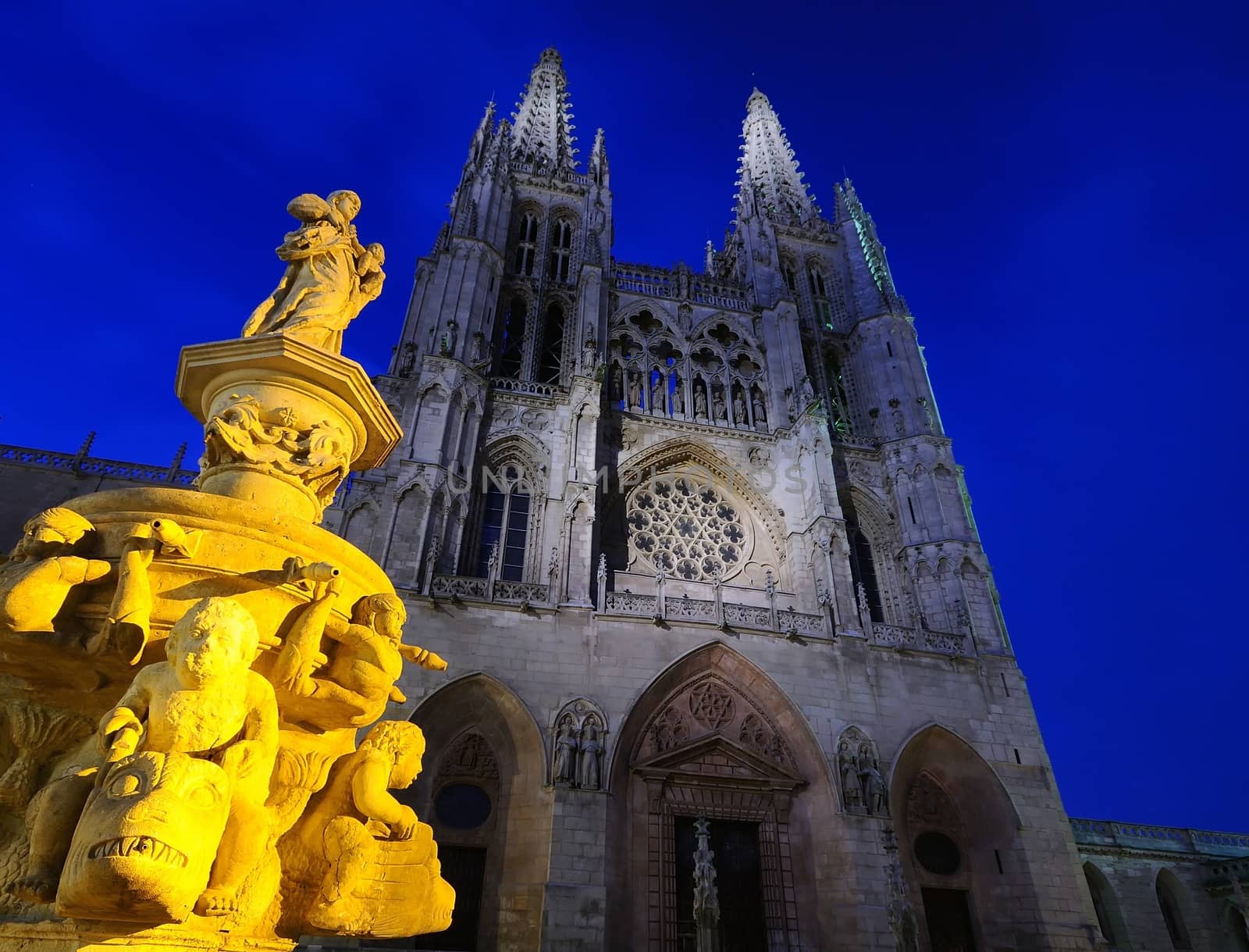 Night view of cathedral in Burgos, Spain.