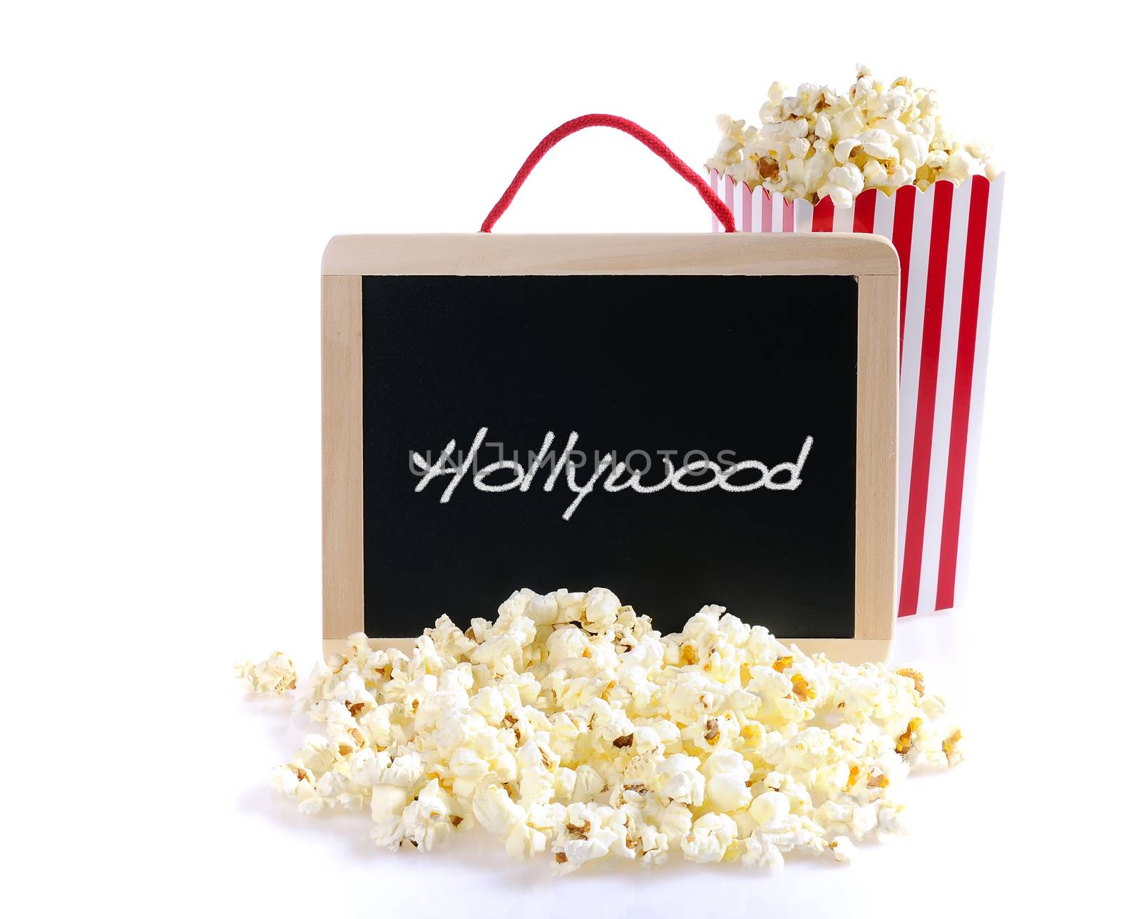 Popcorn and blackboard with the word Hollywood.