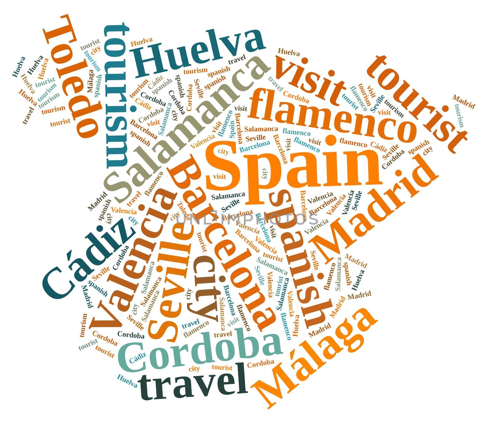 Illustration with word cloud city tourism in Spain