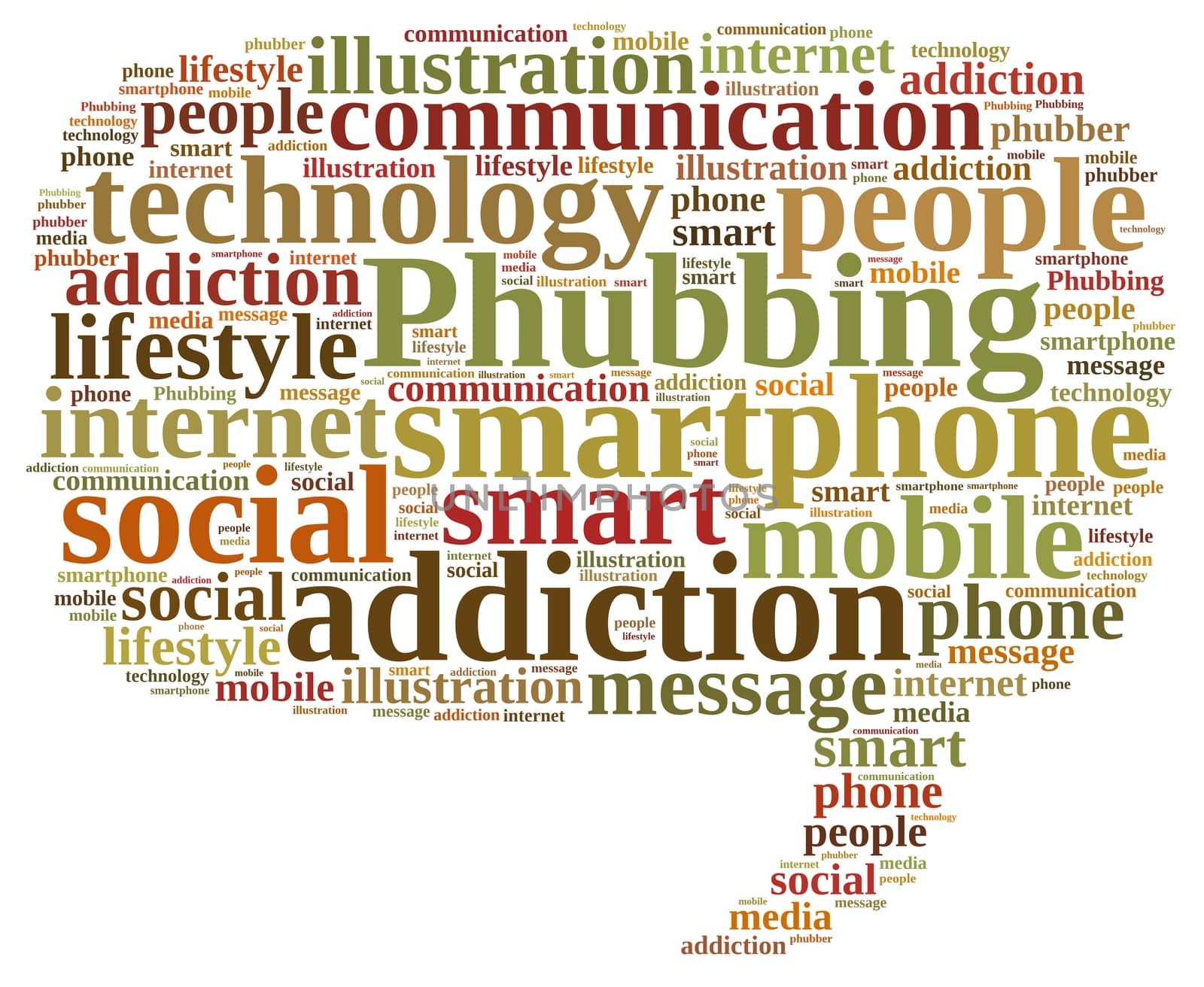 Illustration with word cloud on phubbing, the addiction to mobile