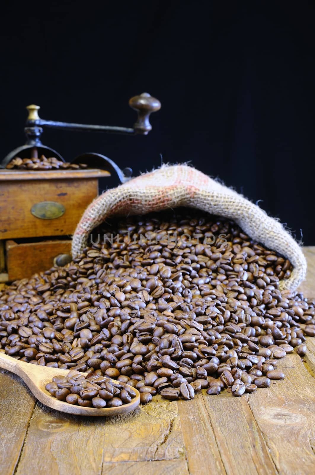 Bag of coffee beans on the table.