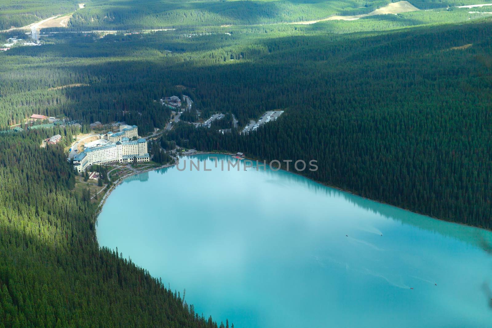 Lake Louise and Fairmont Chateau panoramic view from The Beehive, Banff National Park, Canada