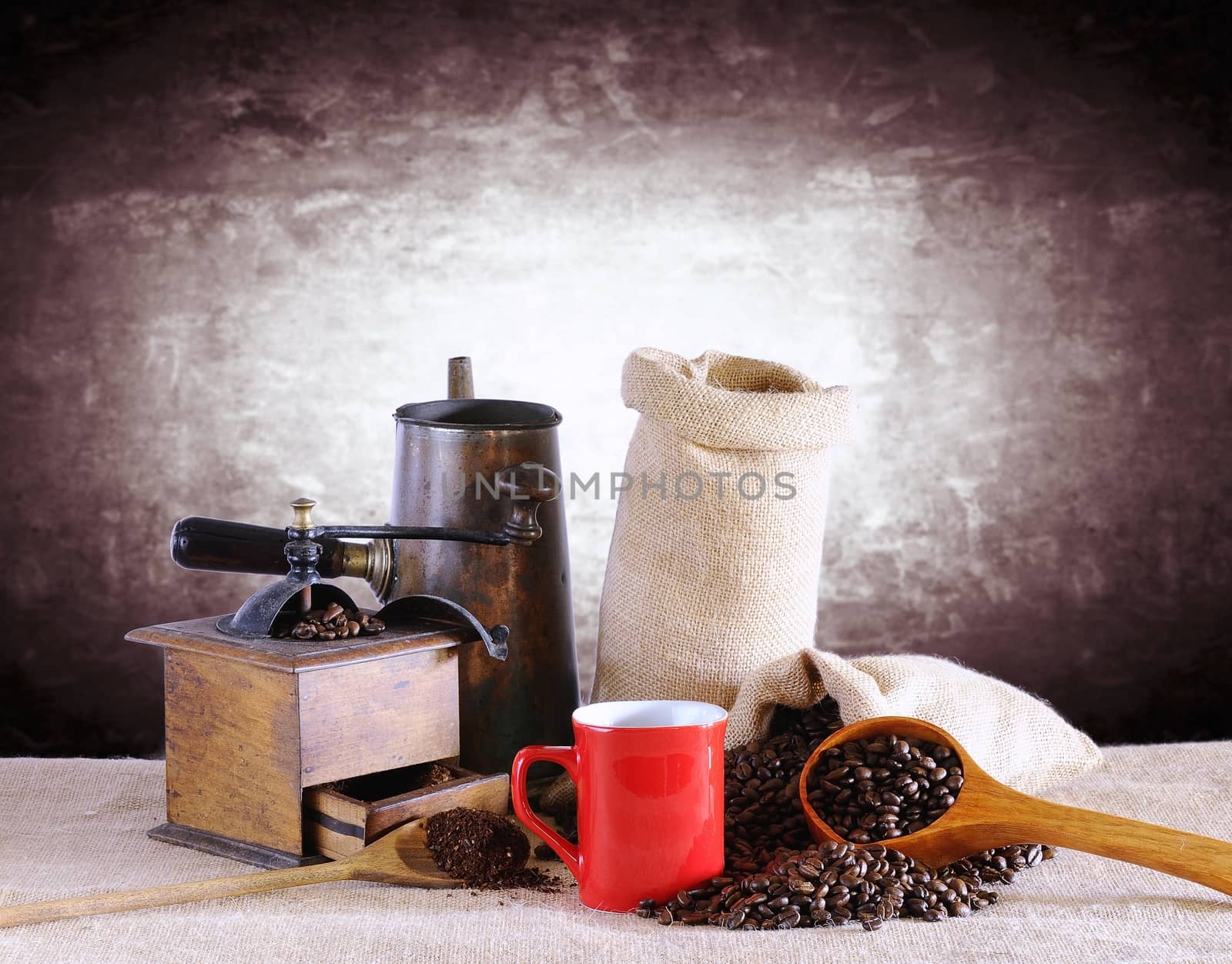 Bag of coffee beans on the table.