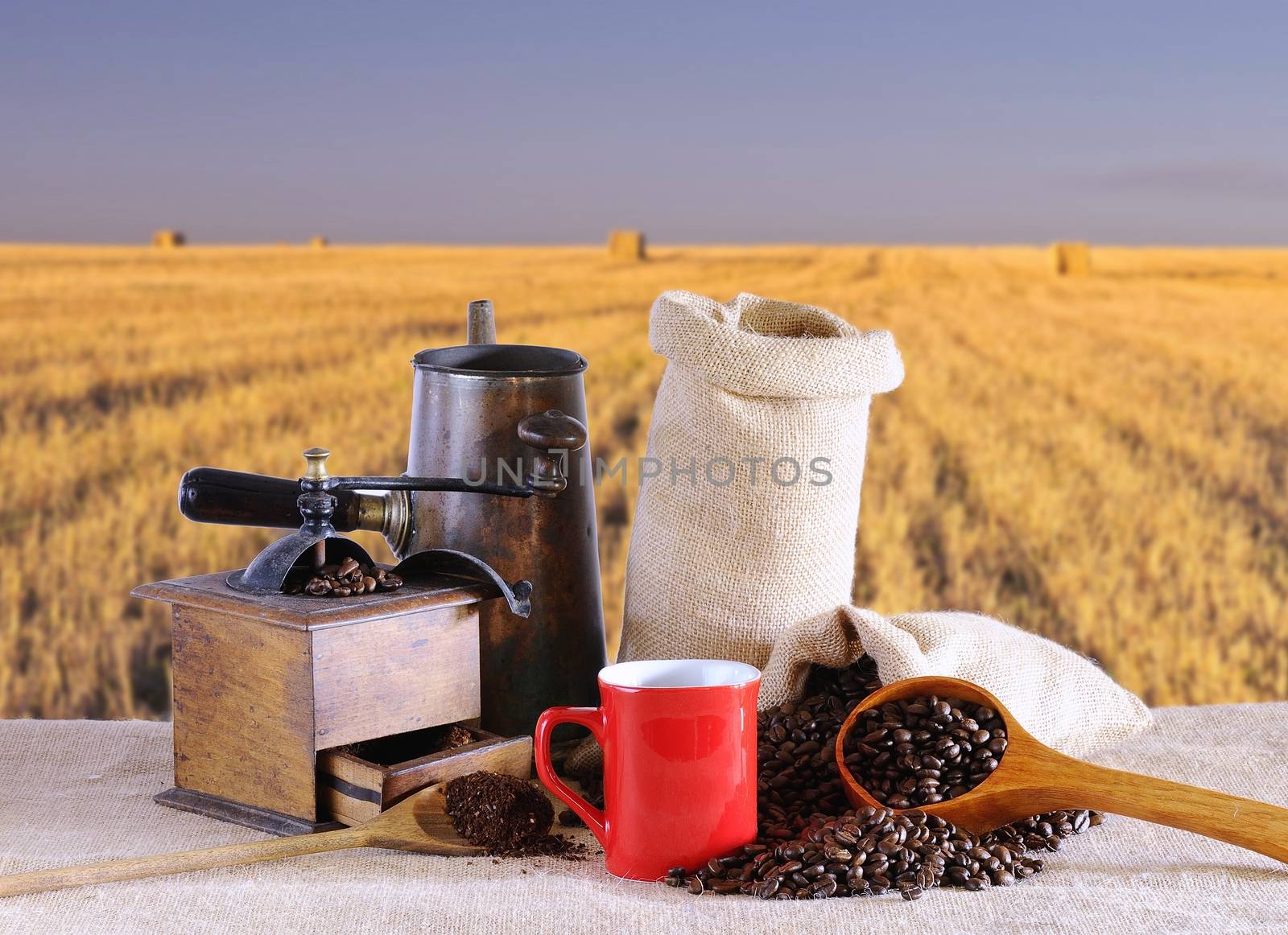 Bag of coffee beans on the table.