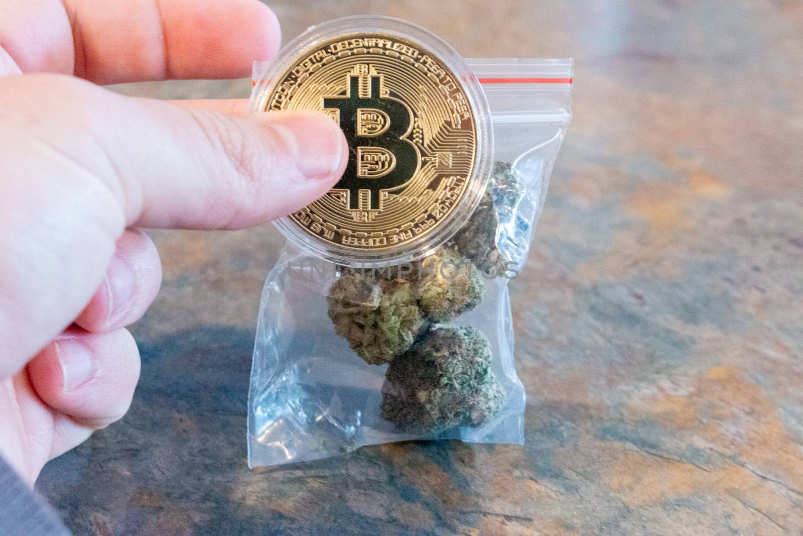 Cannabis Medical Marijuana Buds with Bitcoin Cryptocurrency Coins..