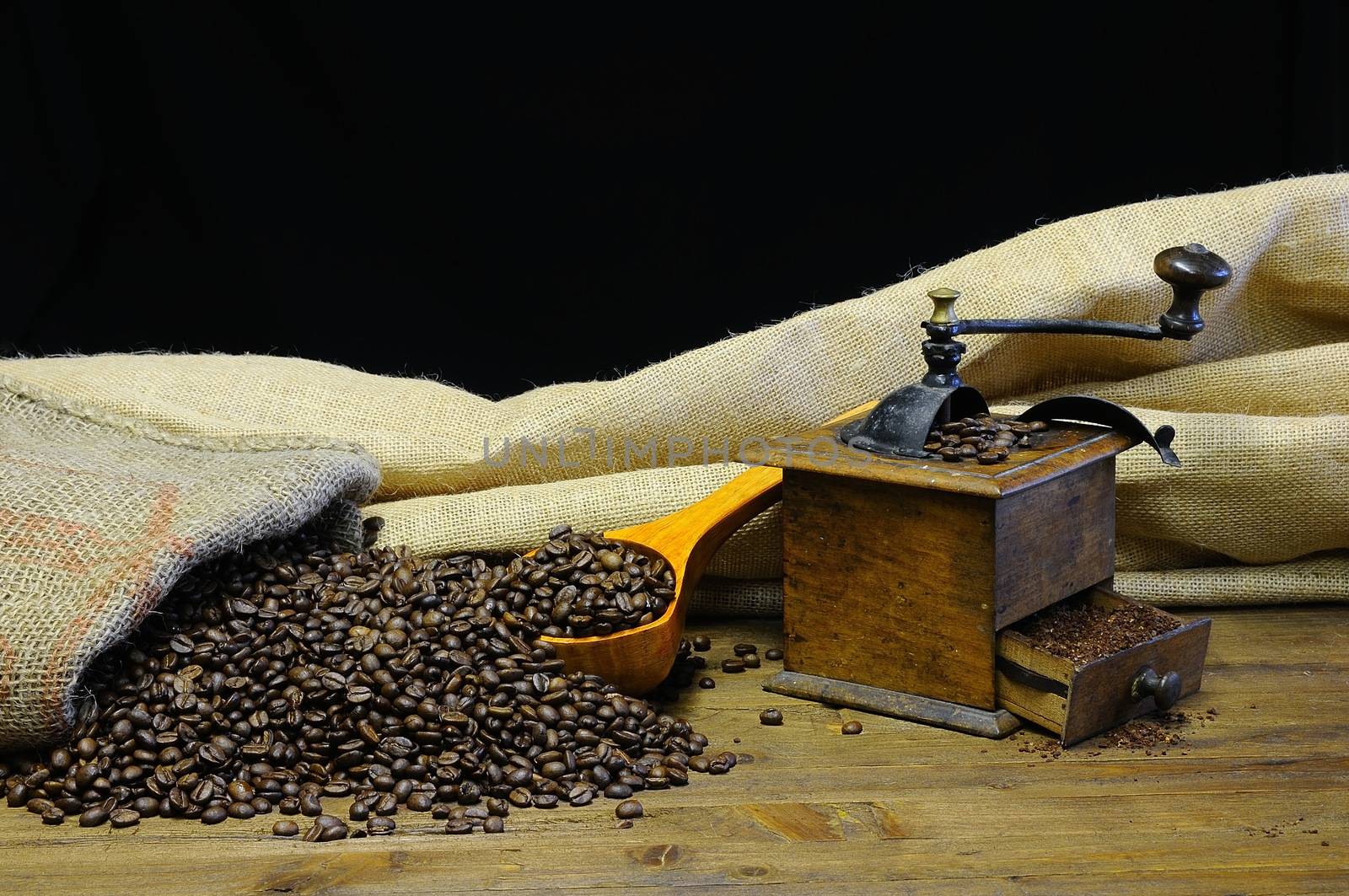 Bag of coffee beans on the table.