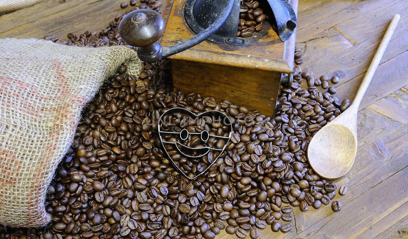 Bag of coffee beans on the table.