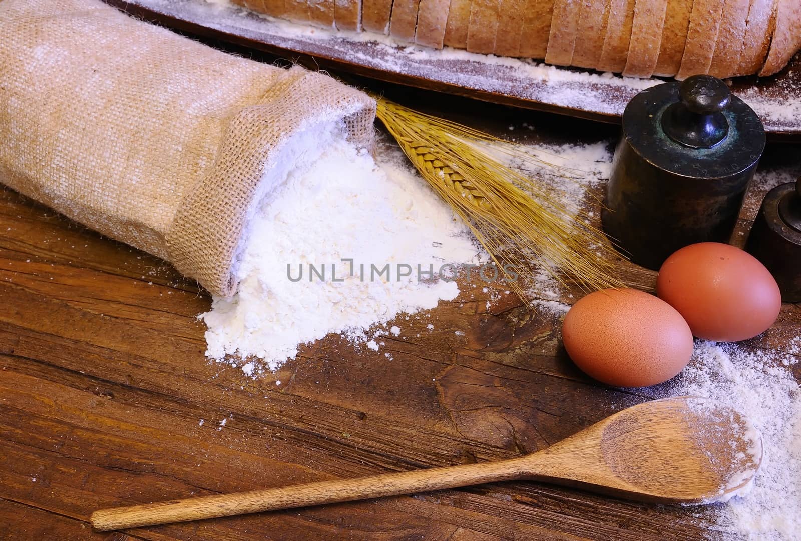 Ingredients of bakery on the kitchen table.