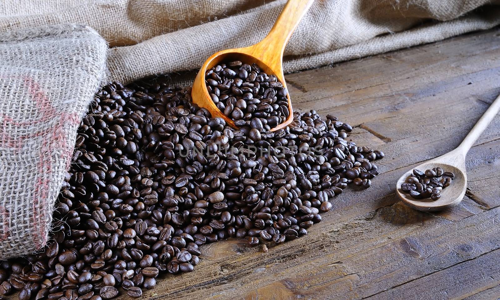 Bag of coffee beans on the table.