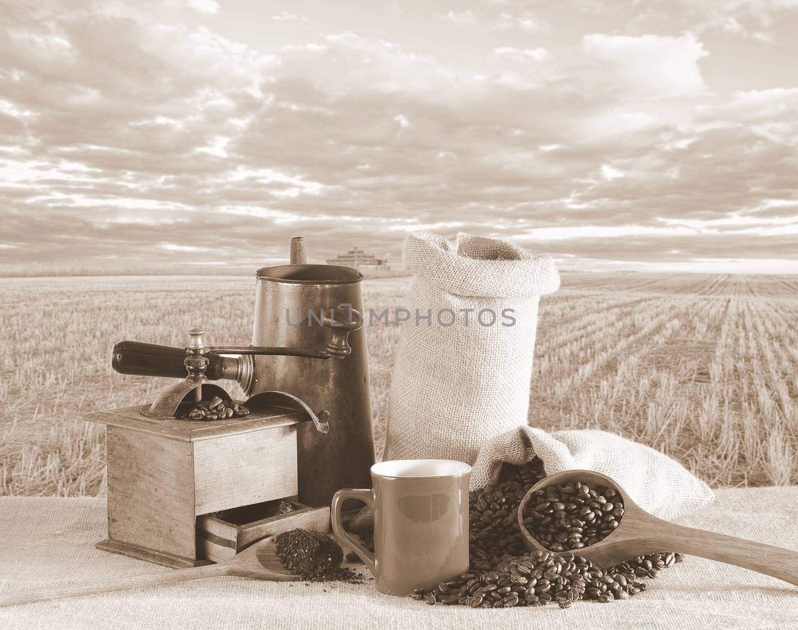 Bag of coffee beans on the table.