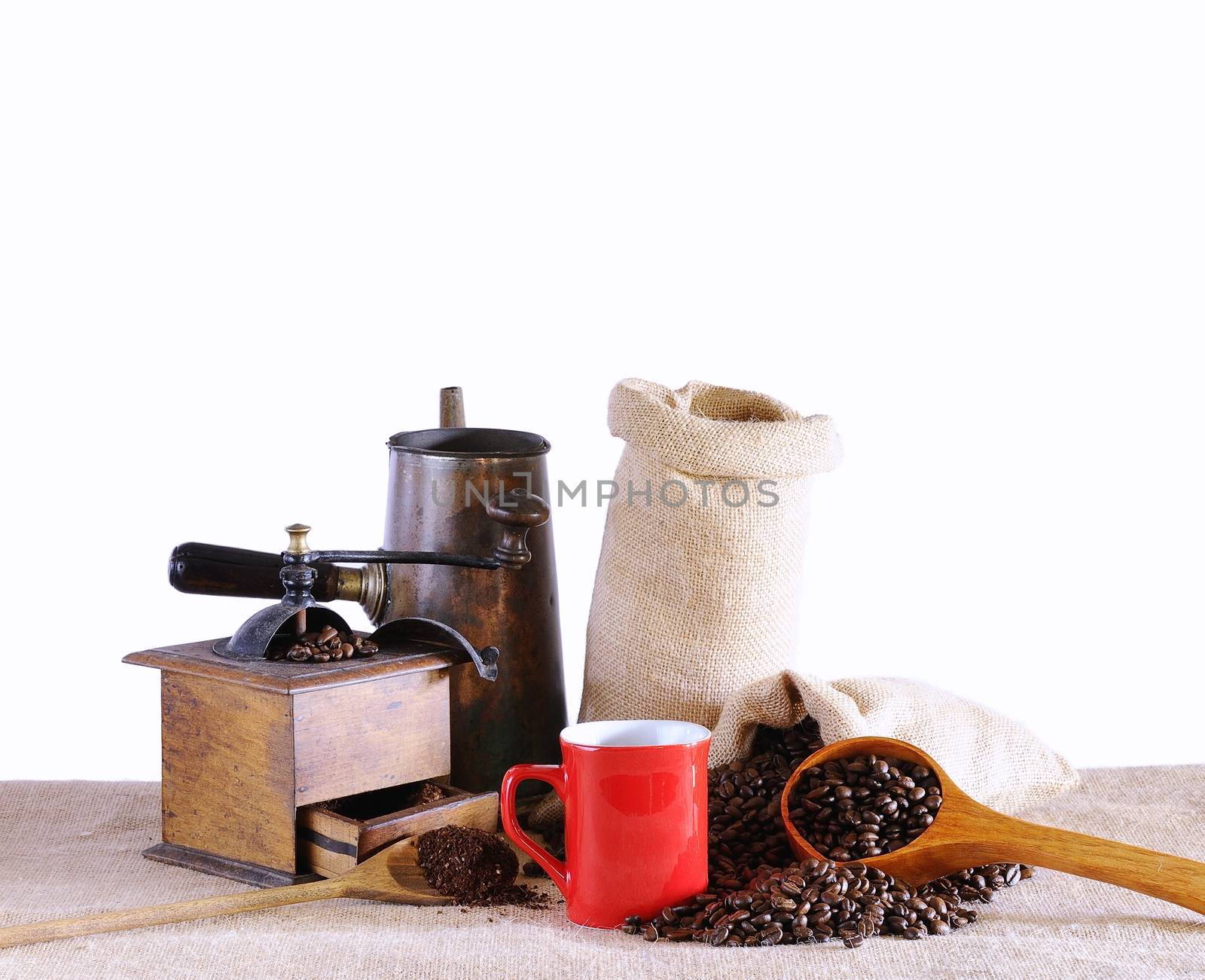 Bag of coffee beans on the table.