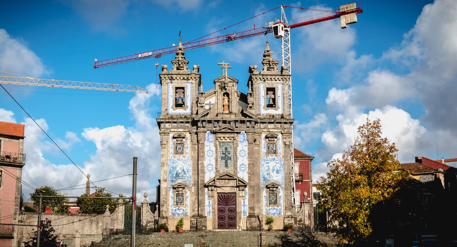 Porto, Portugal - November 30, 2018: Architectural detail of Saint Ildefonso Catholic Church on a fall day