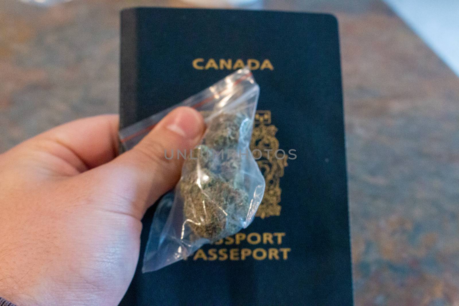 bag of marijuana on a canadian passport. theme of legal recreational cannabis usage