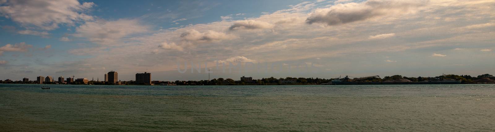 Port Huron Michigan in Panoramic format wide angle to show the industrial skyline. Nice autumn day by mynewturtle1