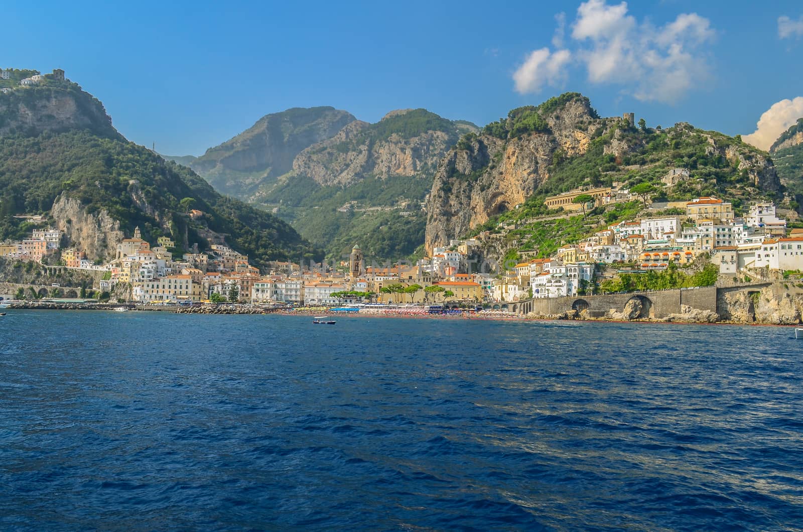 View of the Amalfi from the sea. Amalfi coast in Italy