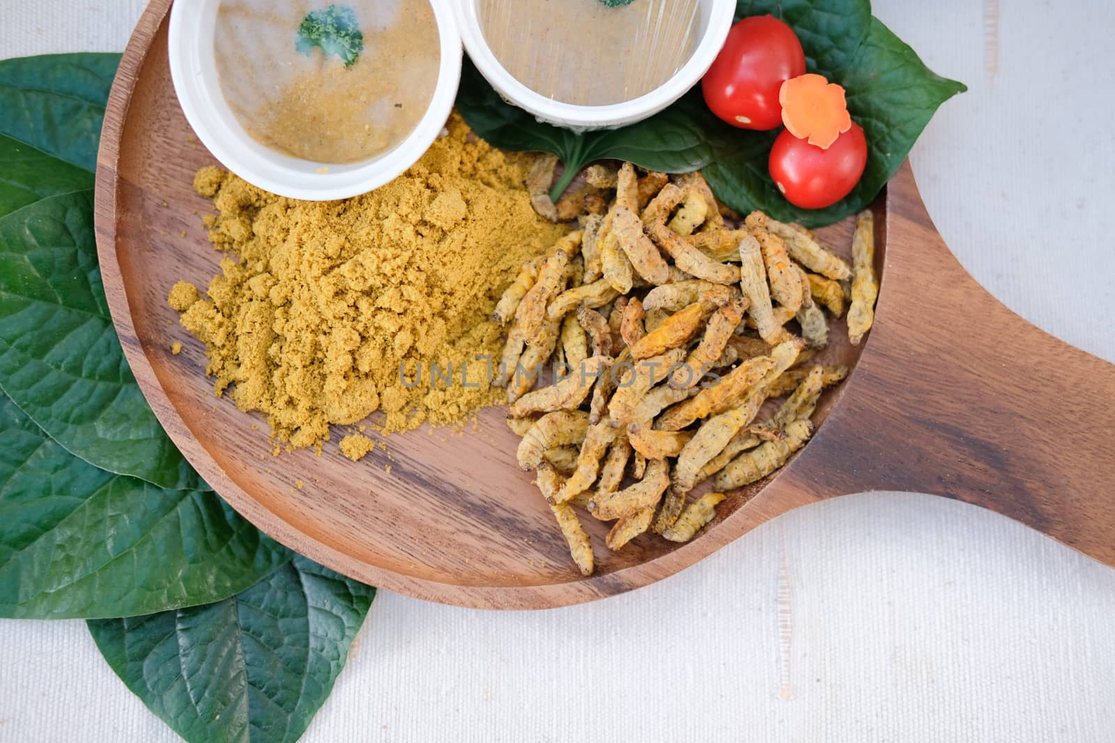 dried worm powder with vegetable. food ingredient for mixing with Thai curry paste