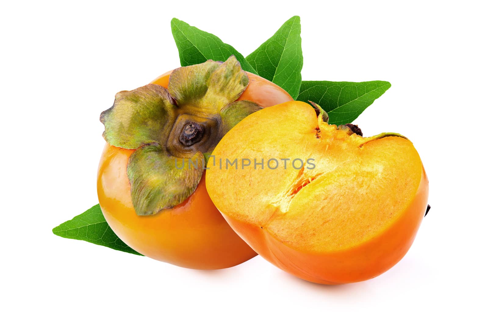 fresh persimmons and persimmon slice with leaf isolated on white by kaiskynet