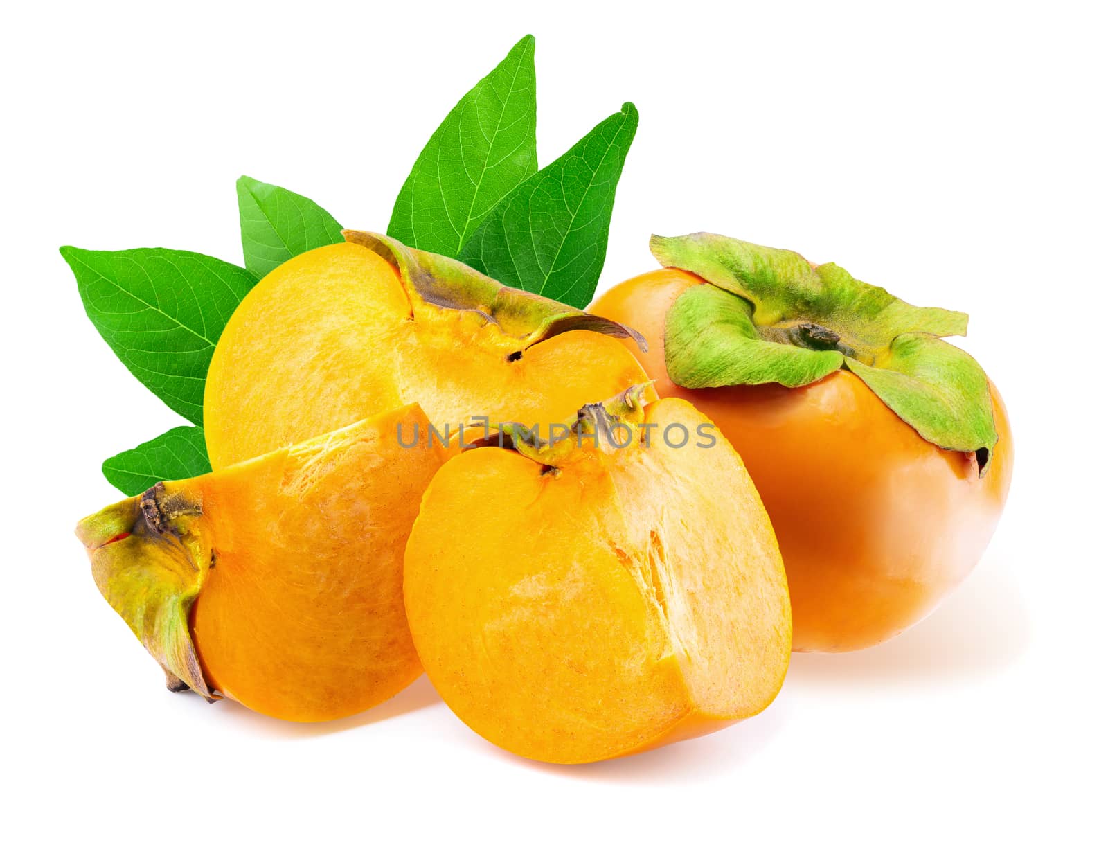 fresh persimmons and persimmon slice with leaf isolated on white by kaiskynet