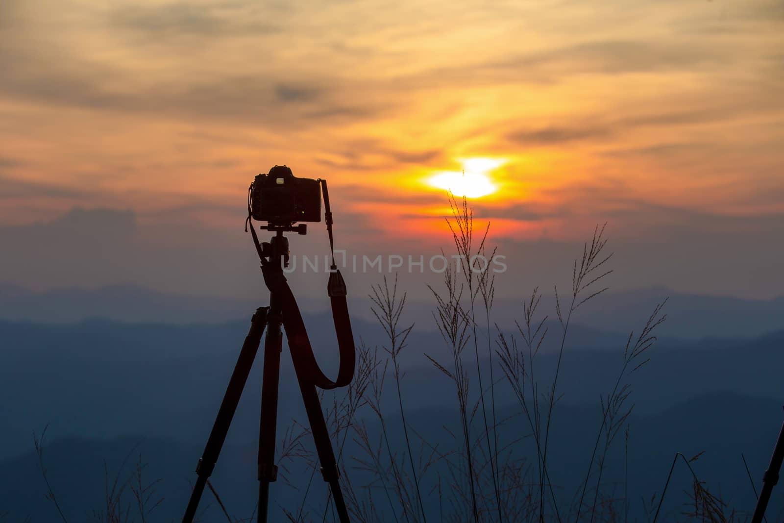 silhouette of the camera on a tripod and the beautiful evening sky in the countryside.
