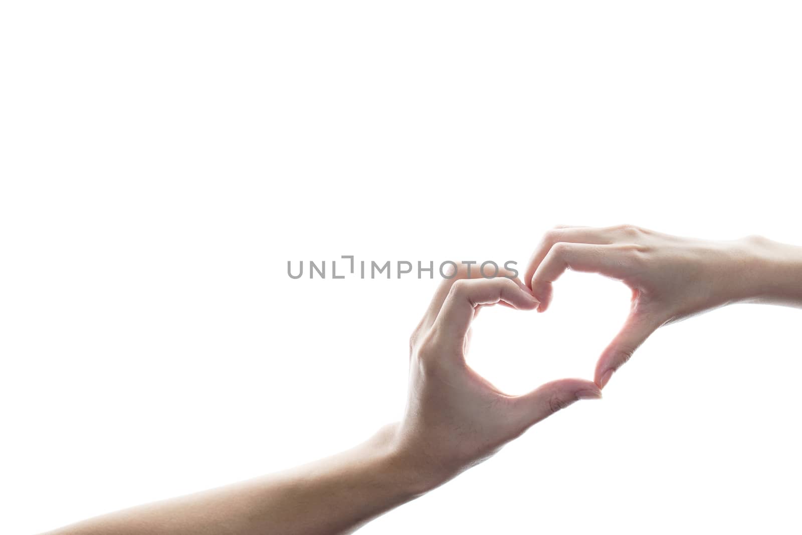 Man and Woman holding hands in heart shape, a sign of love on white isolated background.