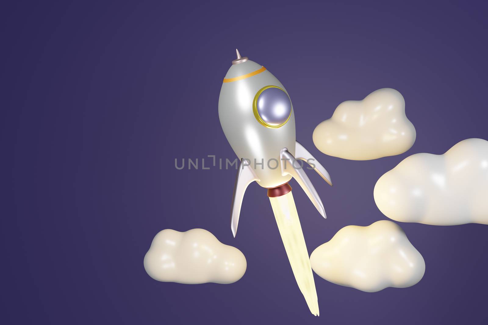 Ballistic launch silver rocket with cloud on dark blue background, 3D rendering.