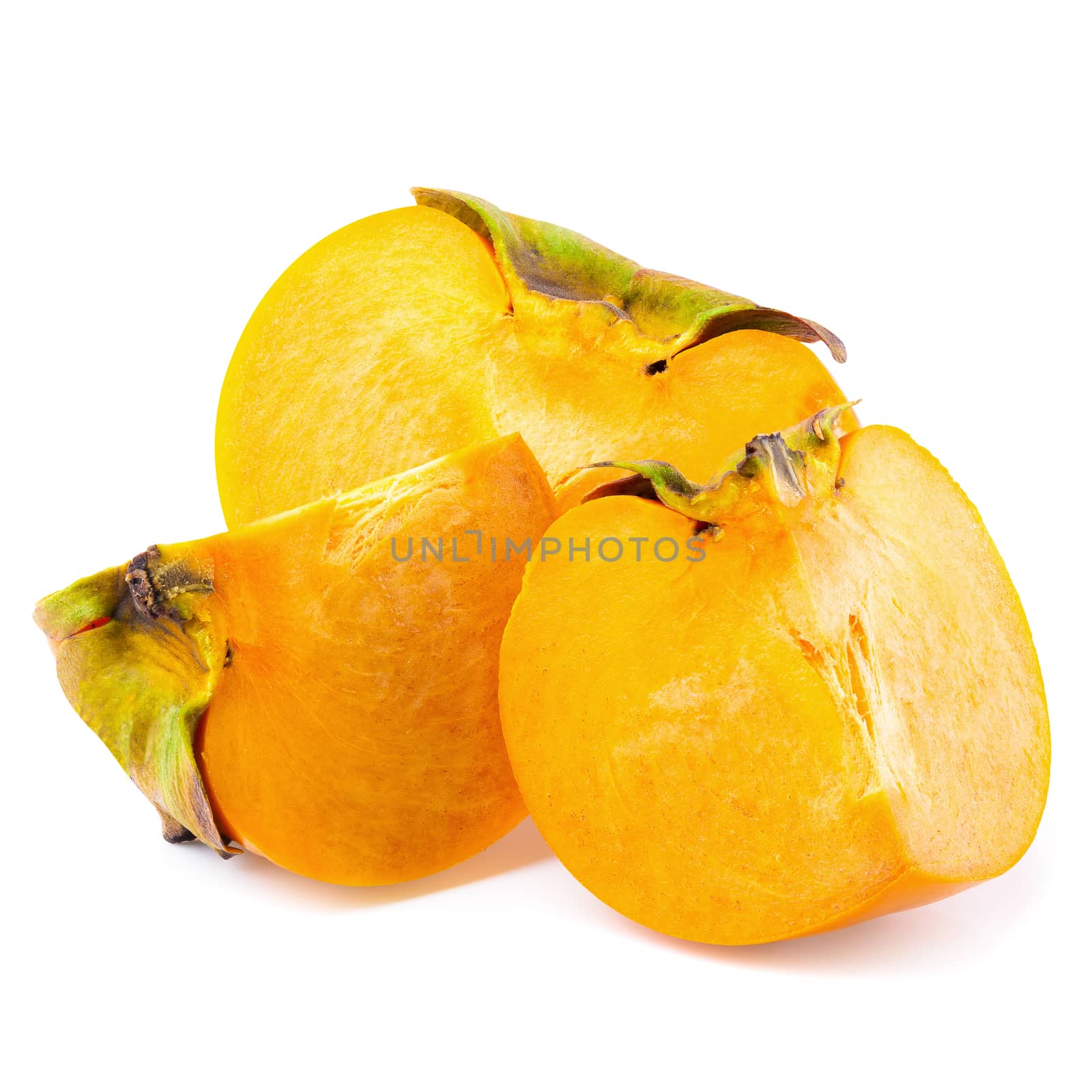 fresh persimmons and persimmon slice with leaf isolated on white background.