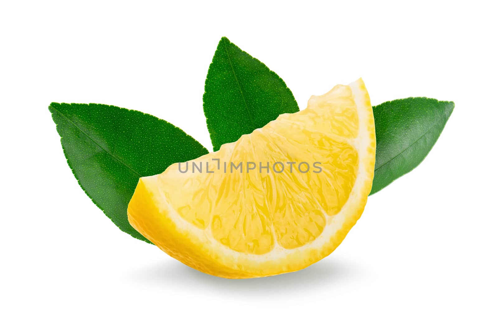 Yellow lemon and green leaf isolated on white background.