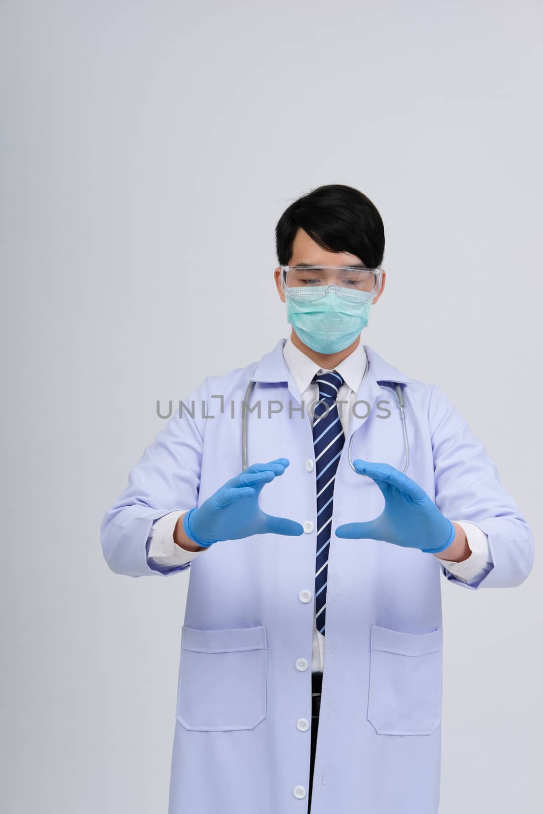 doctor physician practitioner with mask stethoscope on white background. medical professional medicine healthcare concept