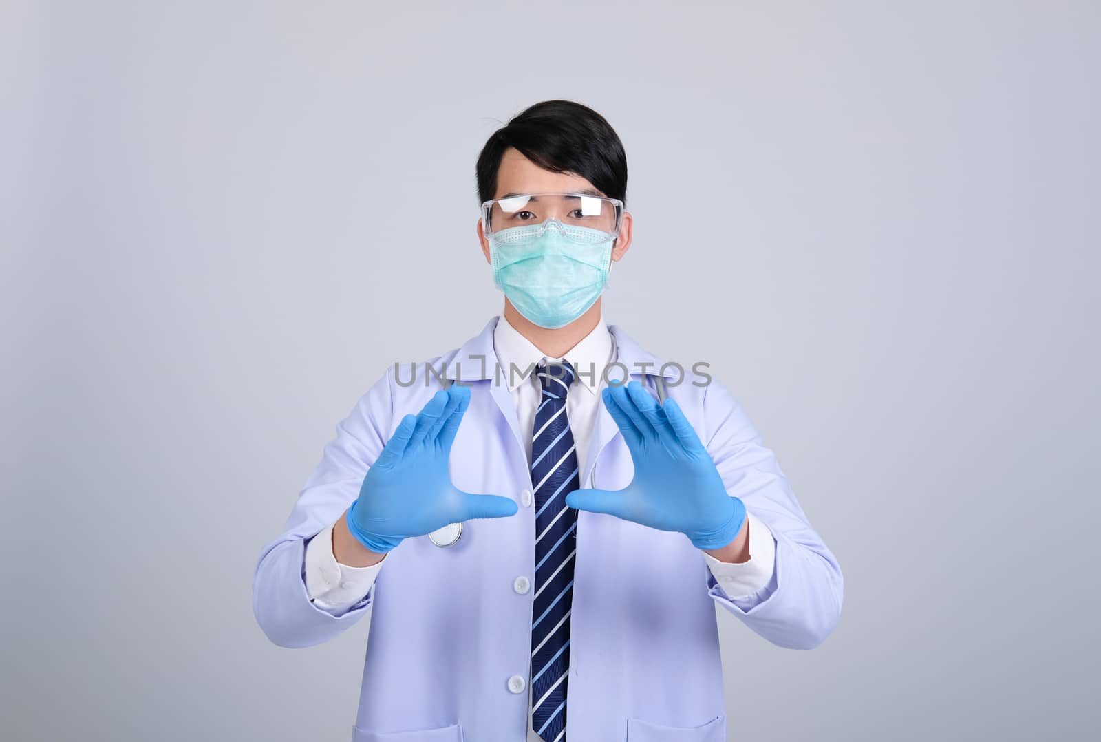 doctor physician practitioner with mask stethoscope on white background. medical professional medicine healthcare concept