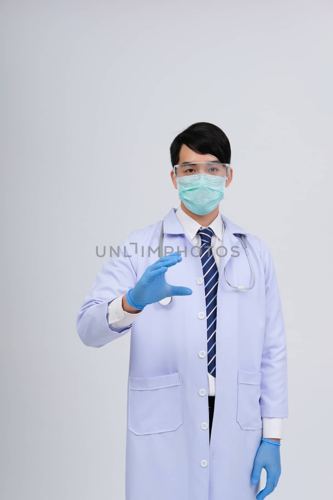 doctor physician practitioner with mask stethoscope on white background. medical professional medicine healthcare concept