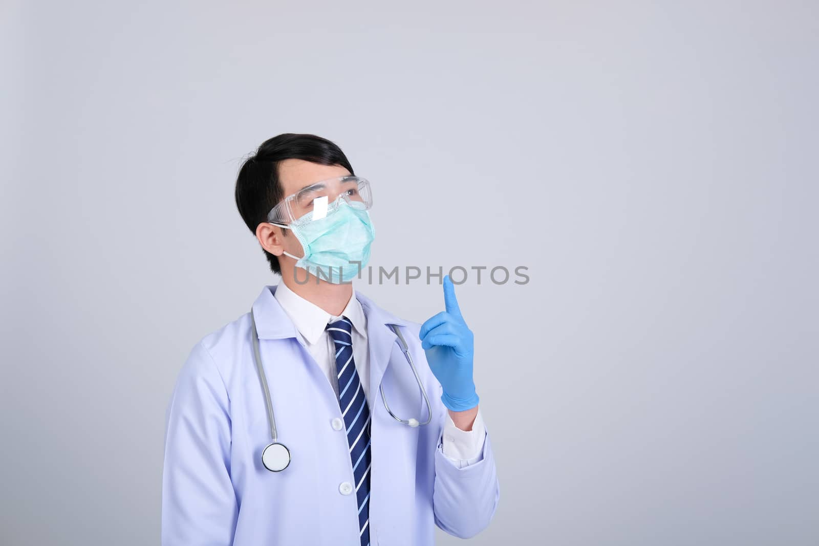 doctor physician practitioner with mask stethoscope on white background. medical professional medicine healthcare concept