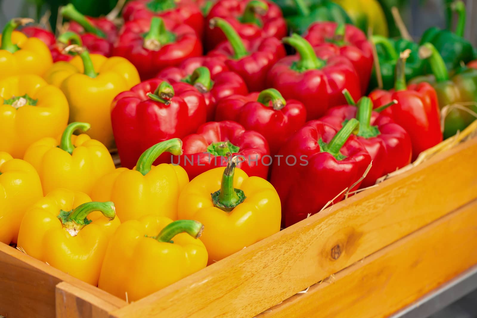 Yellow and Red peppers in wooden box by kaiskynet