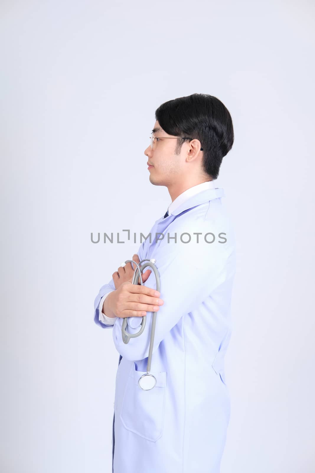 doctor physician practitioner with stethoscope on white background. medical professional medicine healthcare concept