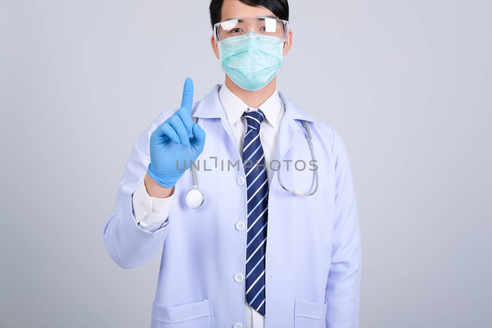 doctor physician practitioner with mask stethoscope on white background. medical professional medicine healthcare concept