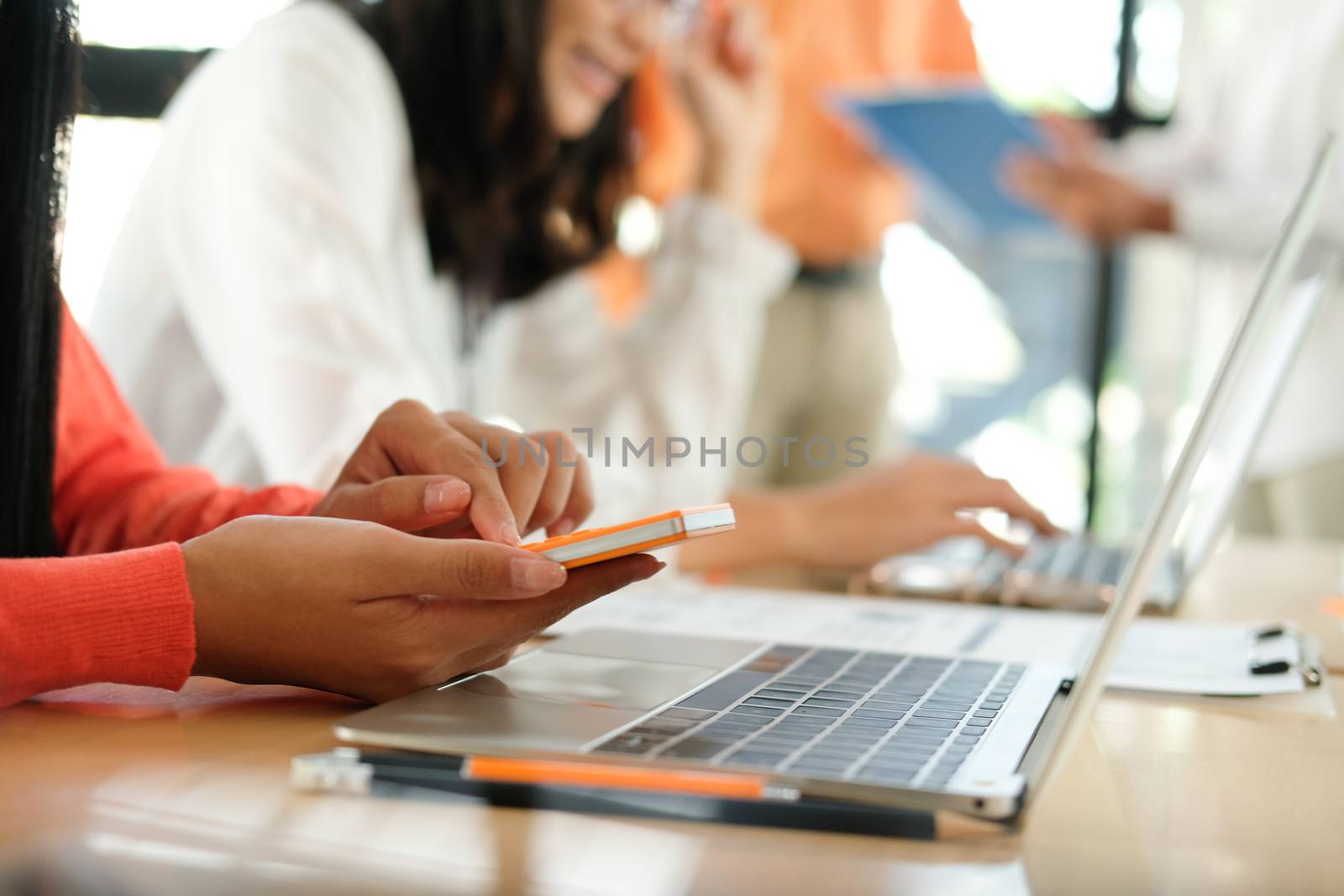 business people discussing on performance revenue in meeting. businessman working with co-worker team. financial adviser analyzing data with investor.