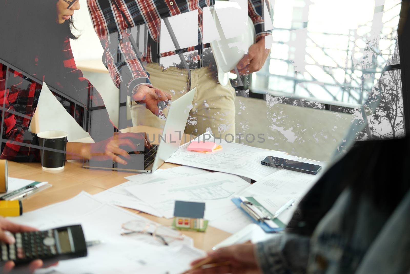 architect engineer interior designer team working discussing on house blueprint of real estate project in meeting. building construction teamwork concept