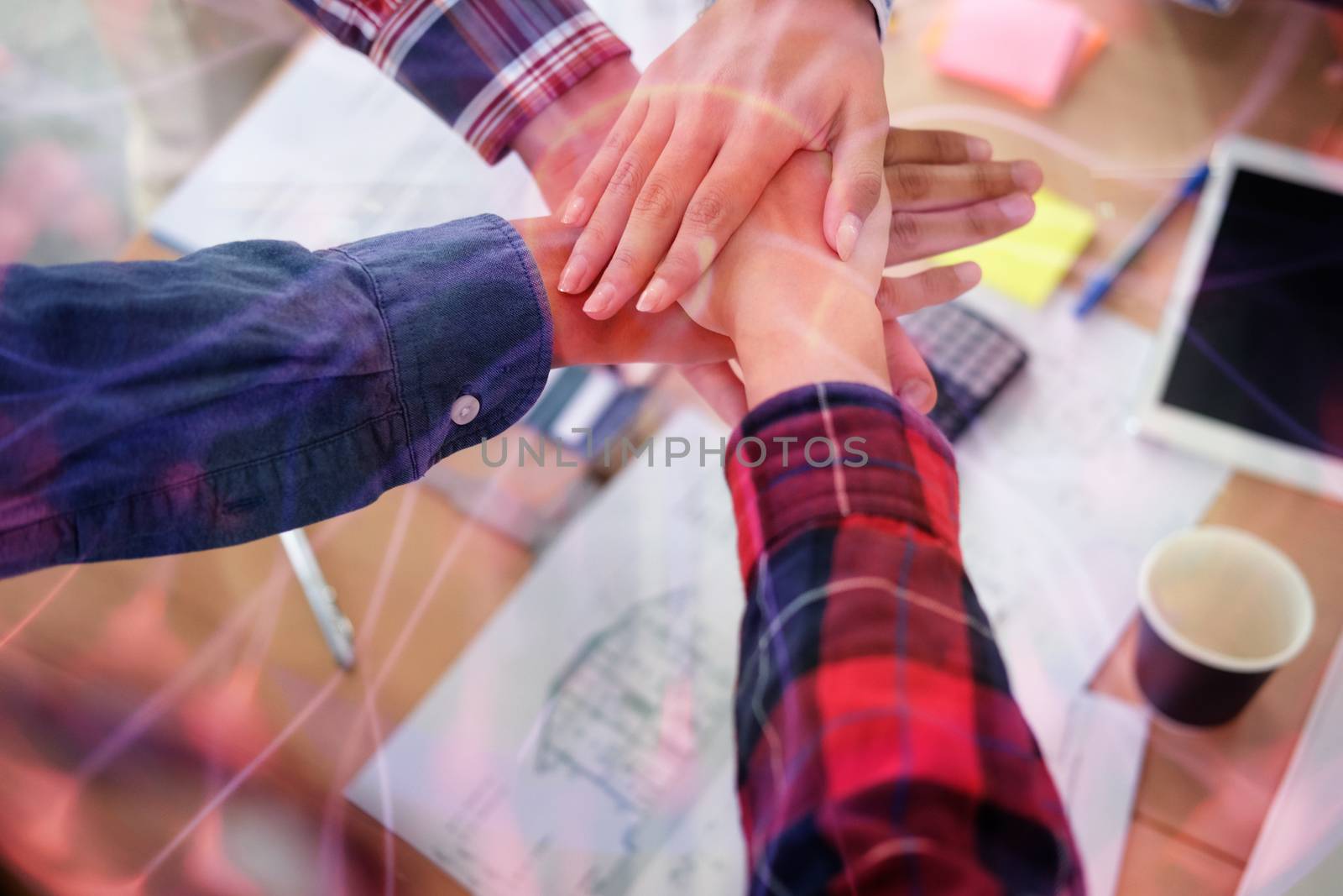 startup man woman joining united hand, business team touching hands together after complete a deal in meeting. unity teamwork partnership corporate concept.