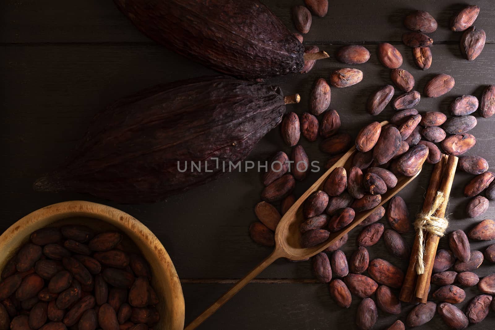 Top view of Cocoa beans in vintage table on dark background.