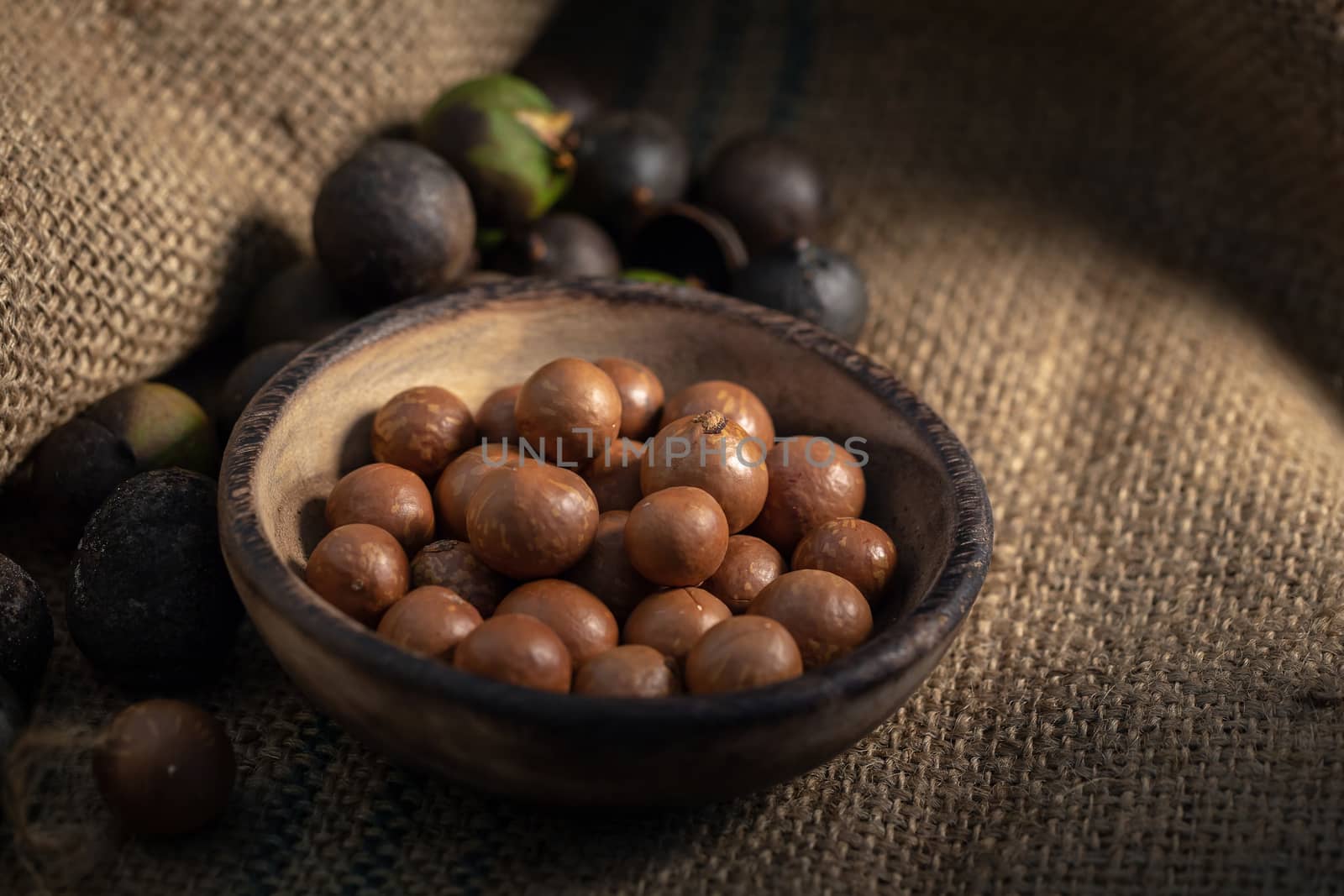 Macadamia nuts on sackcloth in dark light.