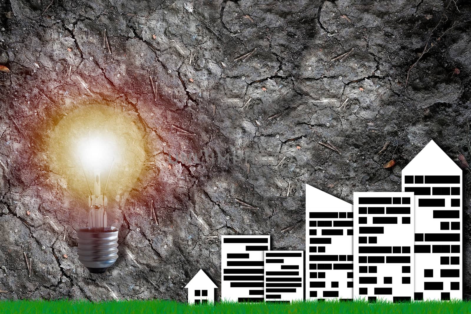 Ecology concept, save energy, paper city and light bulb on arid soil background
