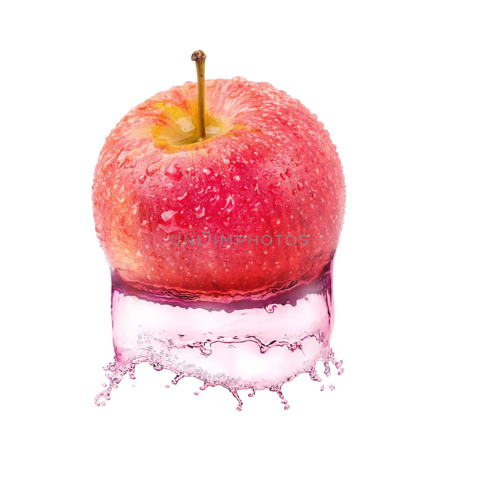 Red apples and apples juice splashing isolated on a white background.