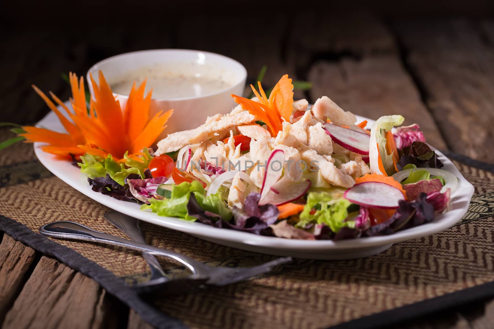 Fresh green salad with chicken and lettuce Fresh summer backgrou by kaiskynet