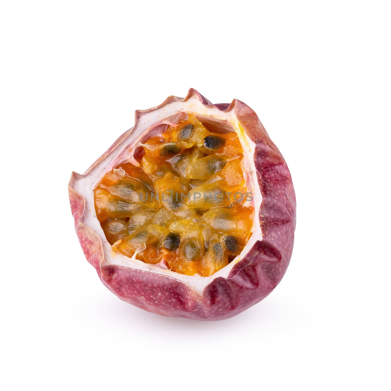 whole and cut passion fruits isolated on white background with c by kaiskynet