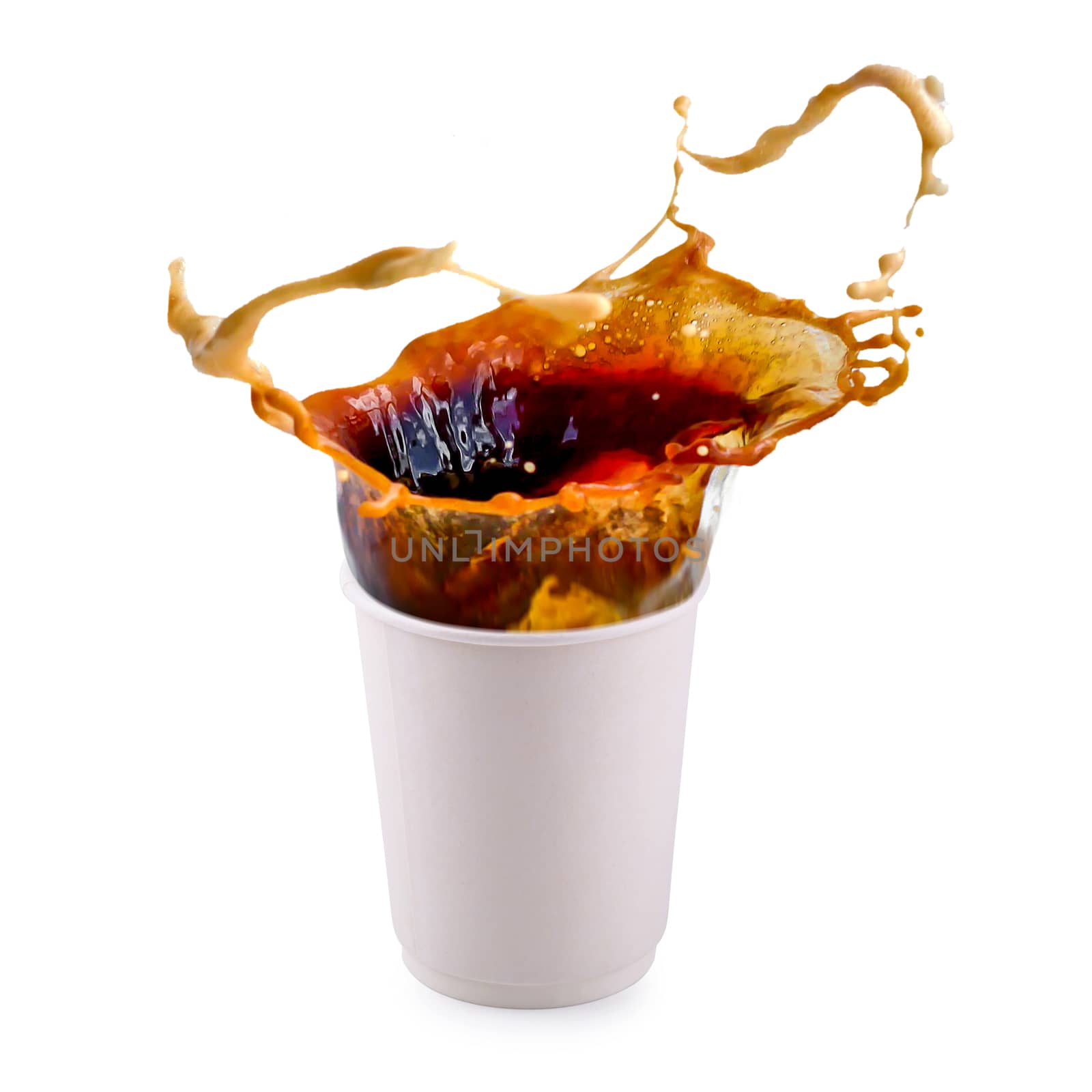 Hot coffee splashing on Takeaway White paper coffee cup isolated on a white background.