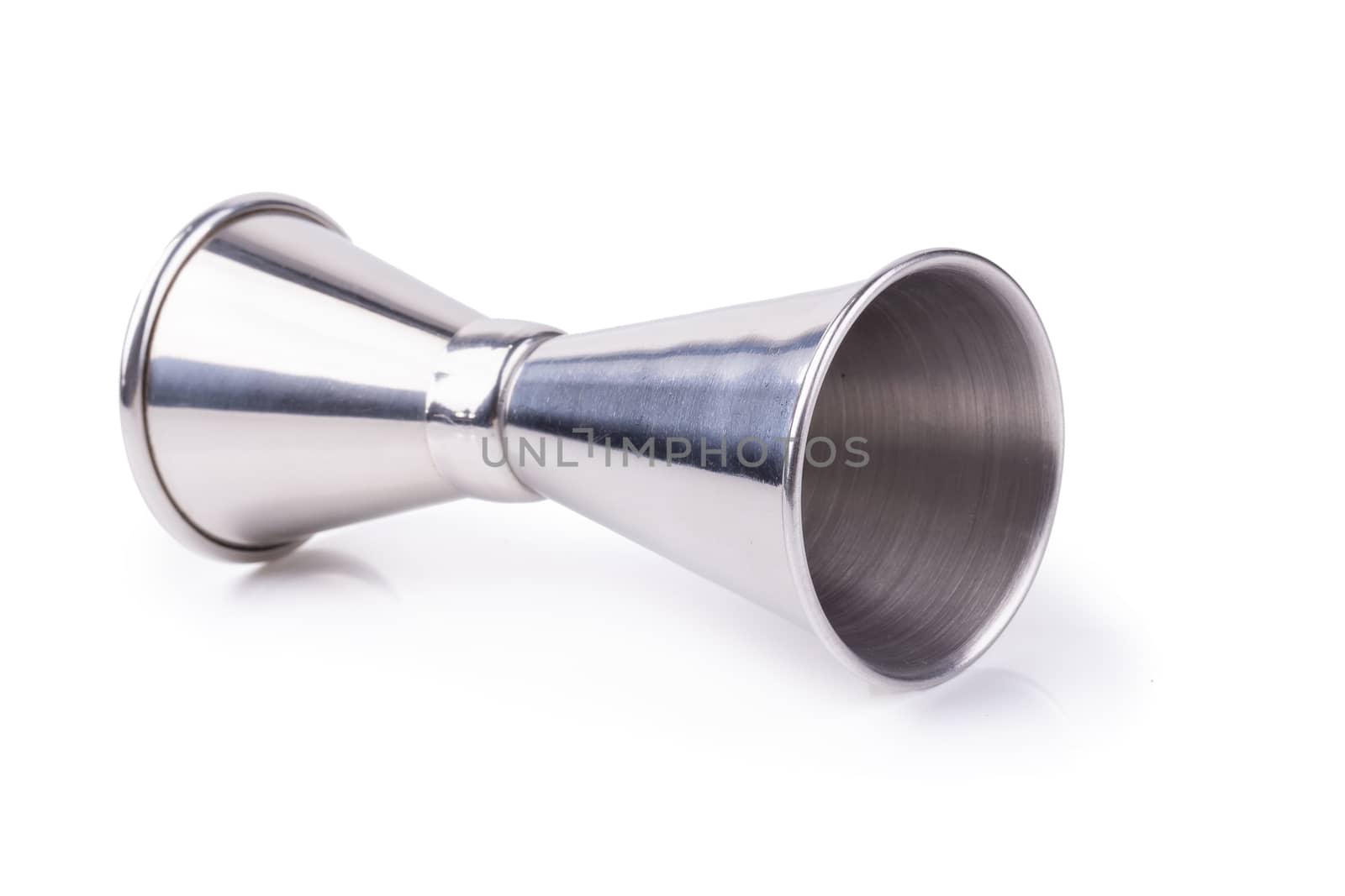 Stainless steel measurement cup for beverage and cooking isolated on a white background.