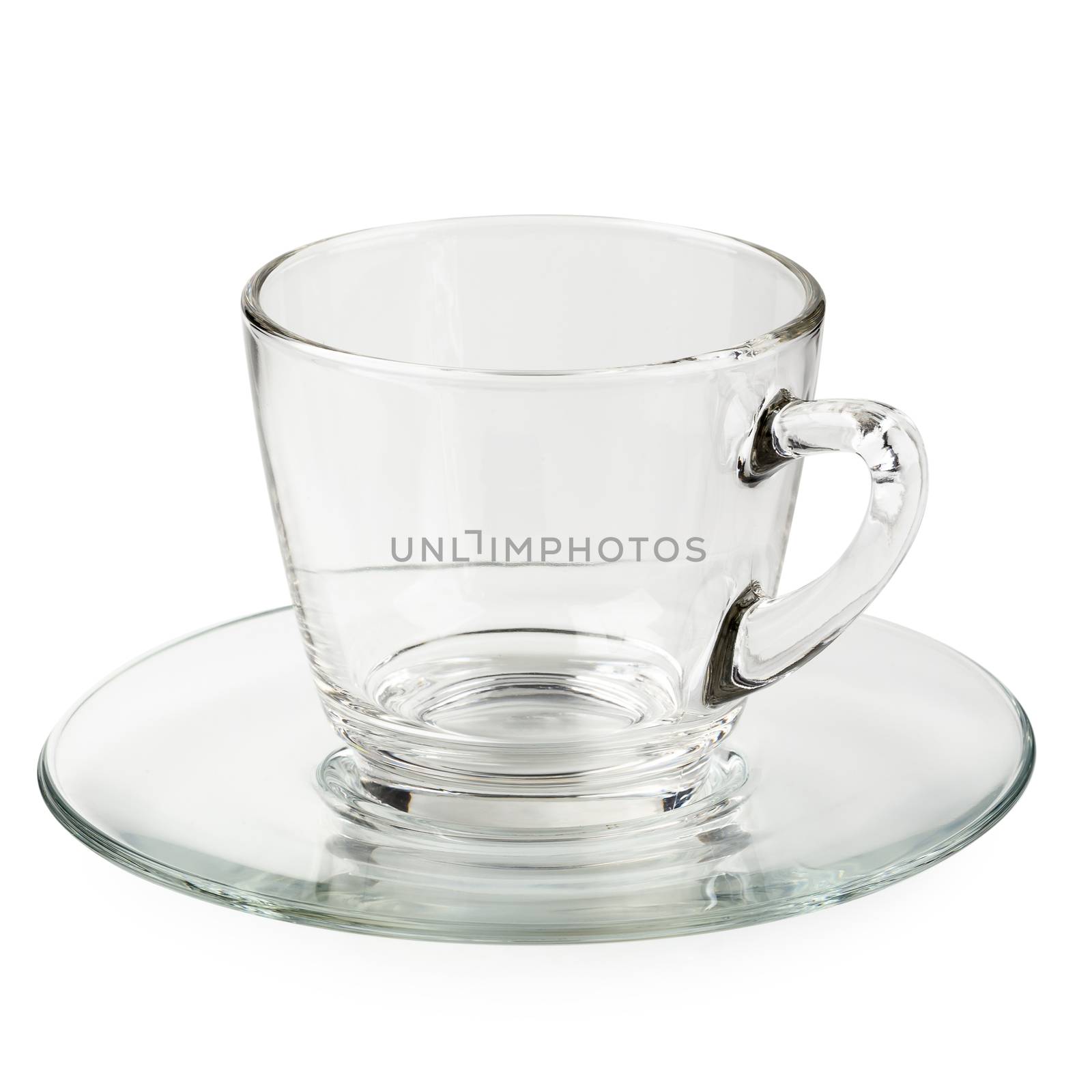 Empty glass cup of tea or coffee with handle isolated on white background.